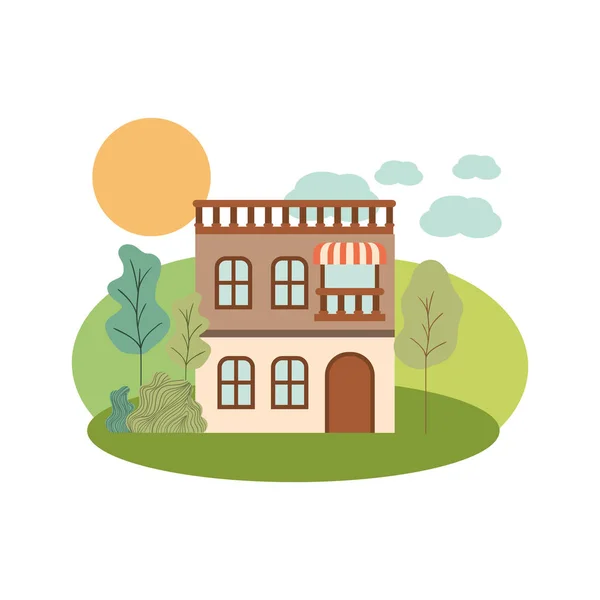 Casa con vista frontal en paisaje — Vector de stock