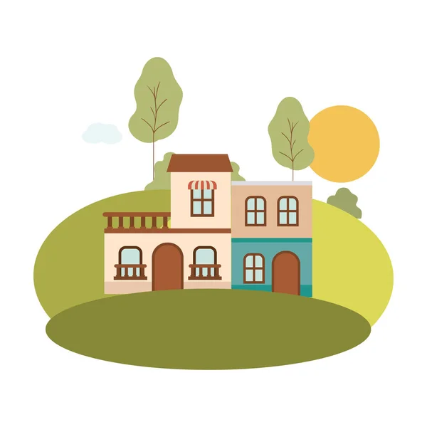 Casas de barrio en el paisaje icono aislado — Vector de stock