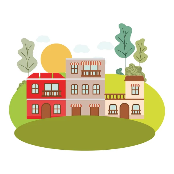 Neighborhood houses in landscape isolated icon — Stock Vector