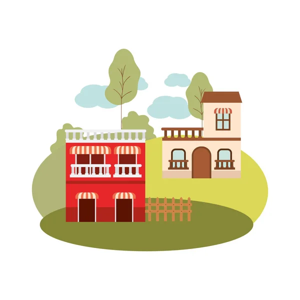 Casas de barrio en el paisaje icono aislado — Vector de stock