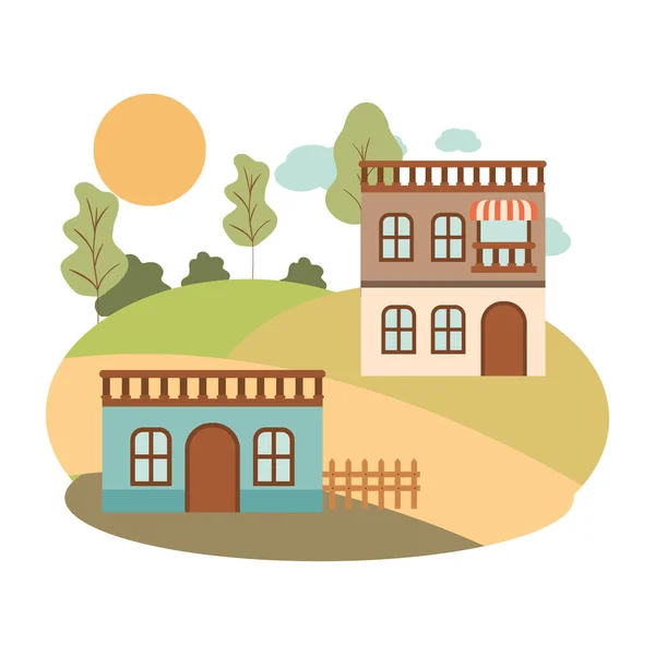 Сусідні будинки в ландшафті ізольована ікона — стоковий вектор