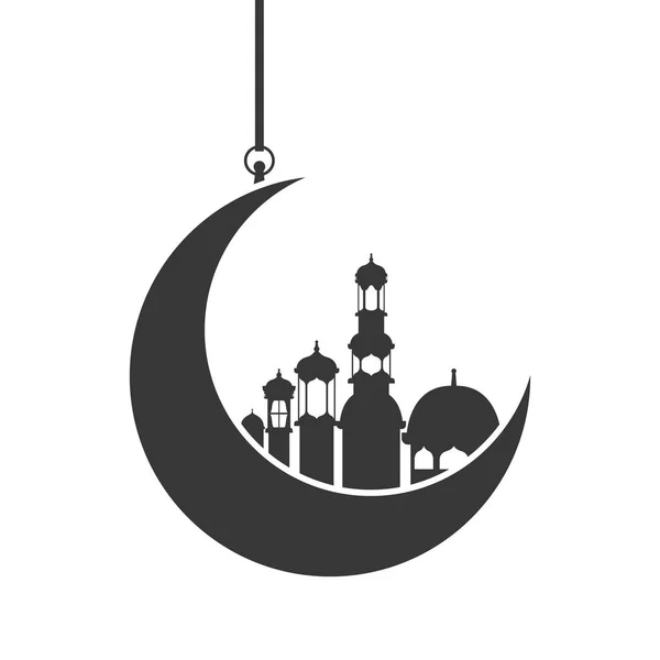 Luna colgando con ramadán kareem mezquita edificios — Vector de stock