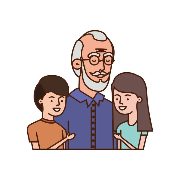 Grandfather with children hugging avatar character — Stock Vector