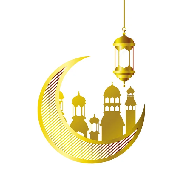 Луна висит со зданиями мечети Рамадан Карим — стоковый вектор