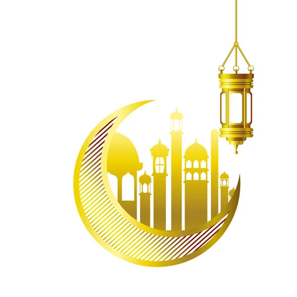 Maan opknoping met Ramadan Kareem moskee gebouwen — Stockvector