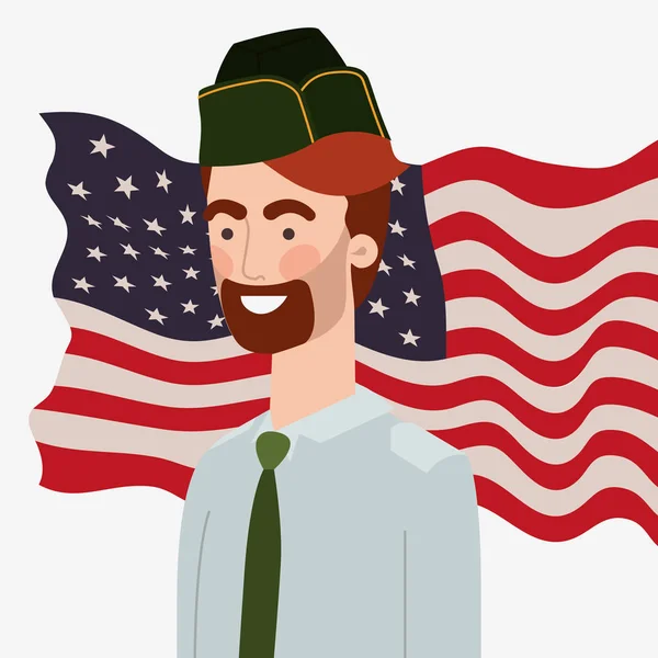 Militaire homme avec le drapeau des Etats-Unis agitant — Image vectorielle