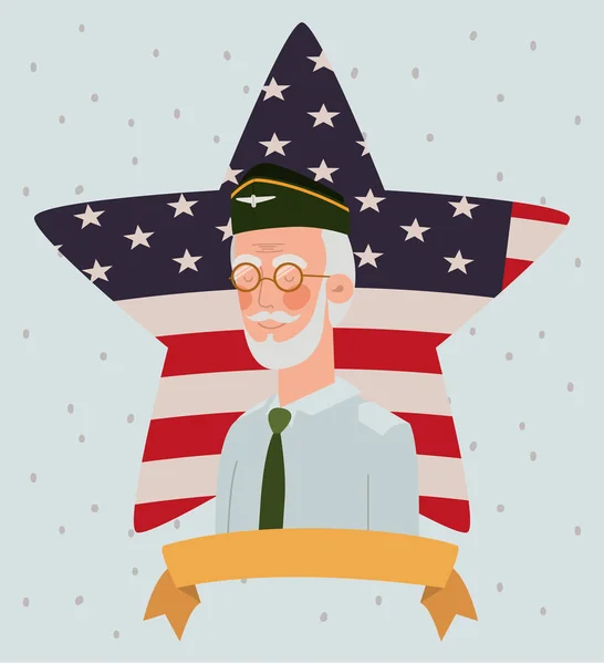 Cartão de dia memorial com veterano e bandeira dos EUA em estrela — Vetor de Stock