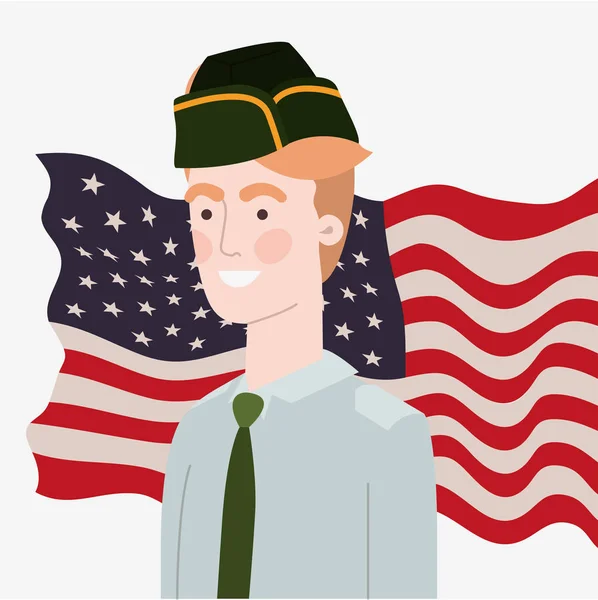 Στρατιωτικός με κυματιστό ΗΠΑ σημαία — Διανυσματικό Αρχείο