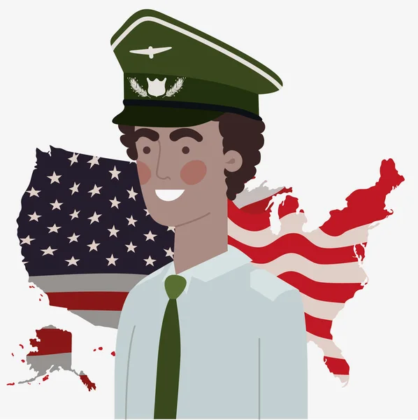 Vojenský muž s USA mapa a vlajka — Stockový vektor
