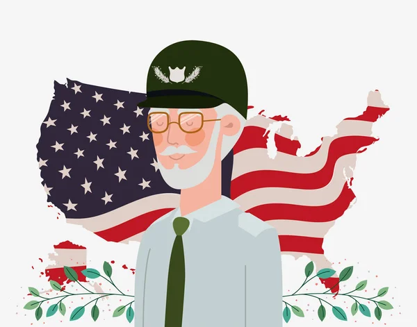 Cartão memorial dia com veterano e bandeira dos EUA no mapa — Vetor de Stock