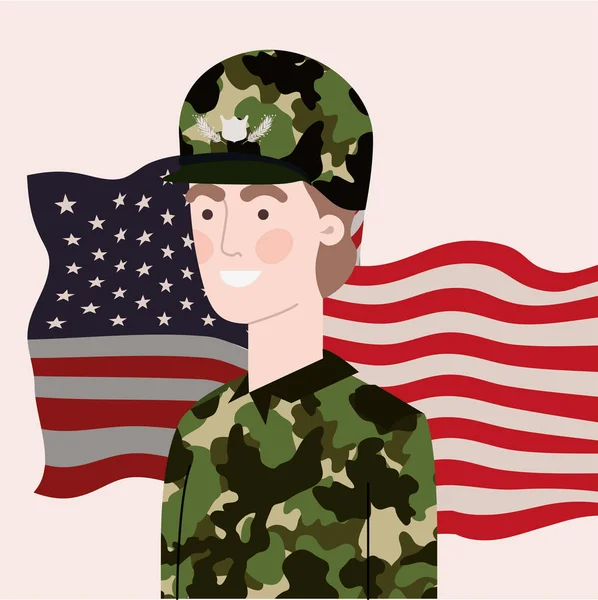Militär man med viftande USA flagga — Stock vektor
