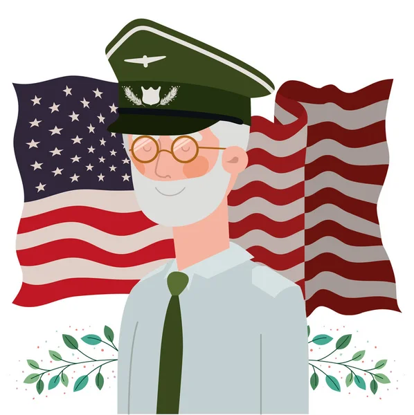 退役軍人とアメリカ国旗を持つ記念日カード — ストックベクタ