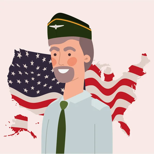 アメリカの地図と旗を持つ軍人 — ストックベクタ