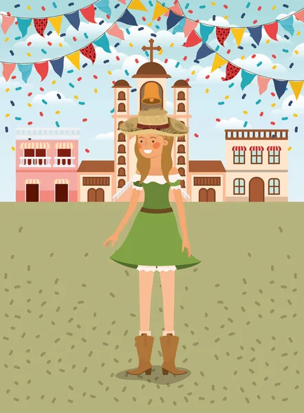 Female farmer celebrating with garlands and cityscape — Stock Vector
