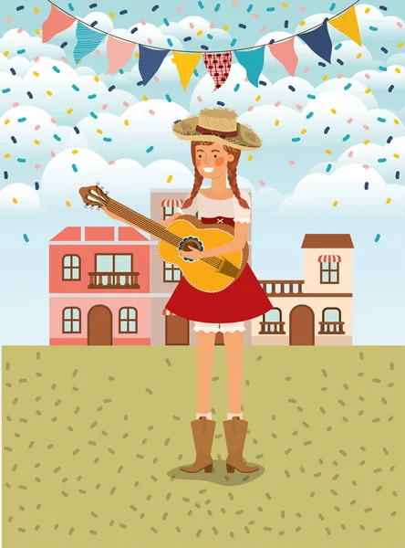 Θηλυκό αγρότη που παίζει κιθάρα με γιρλάντες και αστικό τοπίο — Διανυσματικό Αρχείο