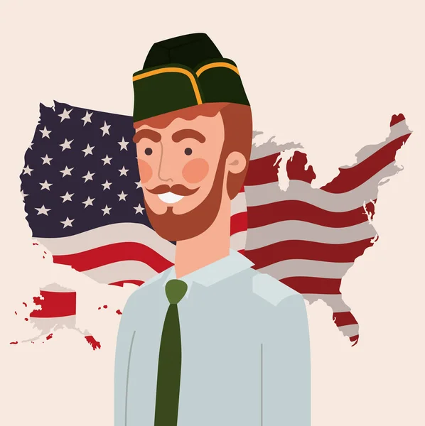 Homem militar com mapa e bandeira dos EUA — Vetor de Stock