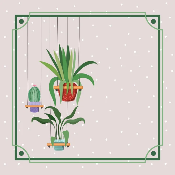 Рамка с комнатными растениями и кактусом, висящими в макраме — стоковый вектор