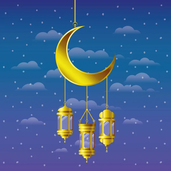 Ramadan kareem golden lanterns and moon hanging — Stock Vector