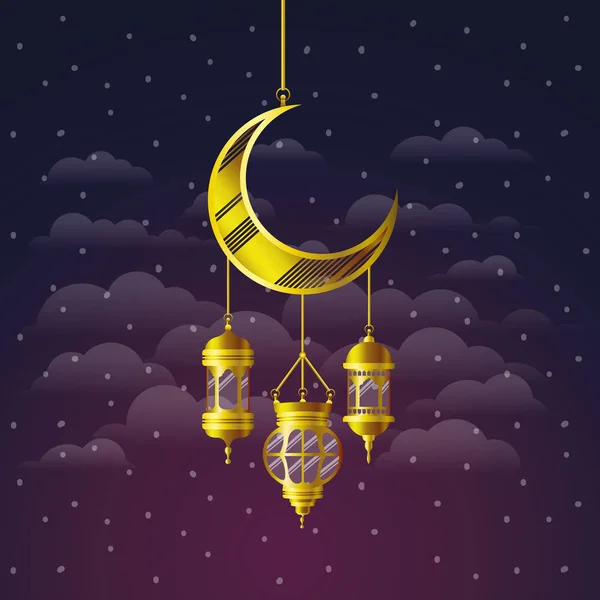 Lanternes dorées ramadan kareem et la lune suspendue — Image vectorielle