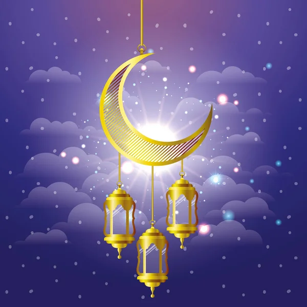 Lanternes dorées ramadan kareem et la lune suspendue — Image vectorielle