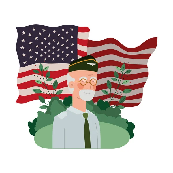 風景と米国の旗を持つベテラン戦争老人 — ストックベクタ