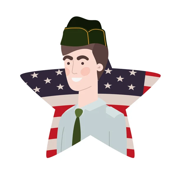 Homme soldat de guerre avec drapeau des États-Unis arrière-plan — Image vectorielle