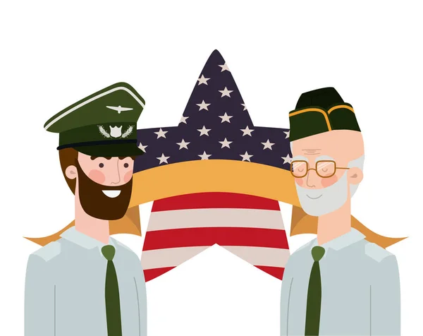 Homens soldados de guerra com bandeira de fundo dos estados unidos — Vetor de Stock