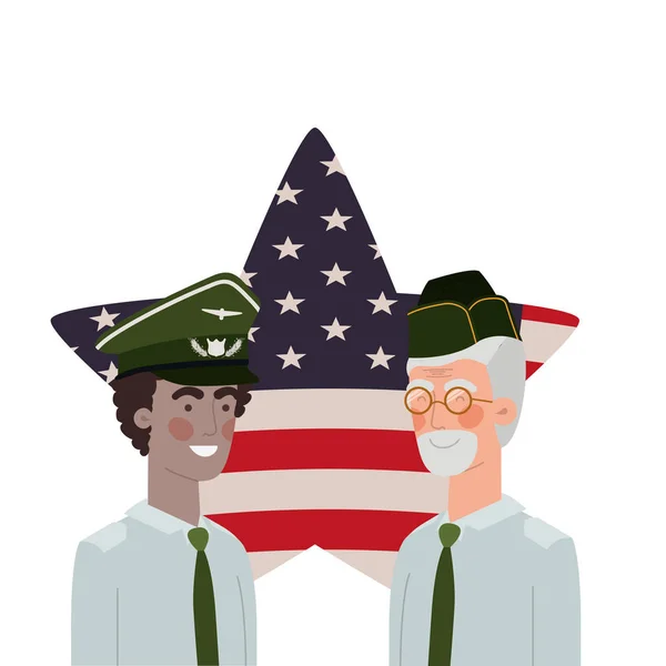 Hombres soldados de guerra con bandera de estados unidos antecedentes — Vector de stock