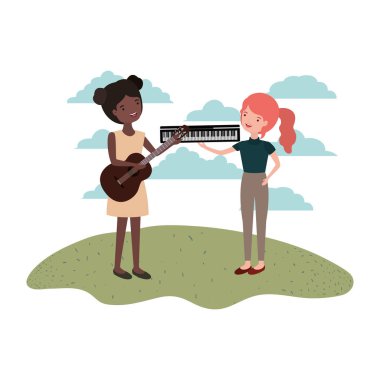 Peyzaj müzik aletleri ile kadınlar