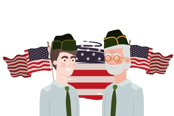Homens soldados de guerra com bandeira de fundo dos estados unidos — Vetor de Stock