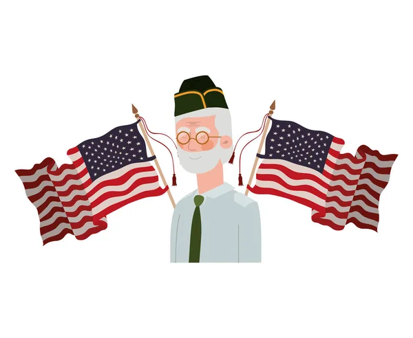 Veterán háborús öregember a zászló, az Egyesült Államok háttér — Stock Vector