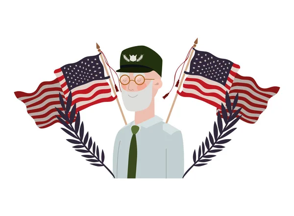 Vysloužilý válečný stařec s vlajkou Spojených států amerických — Stockový vektor