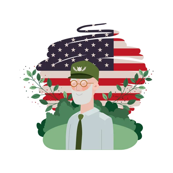 Veterano guerra velho homem com paisagem e bandeira dos estados unidos — Vetor de Stock