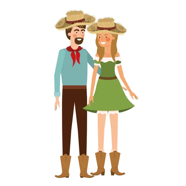 Granjeros pareja hablando con sombrero de paja — Vector de stock