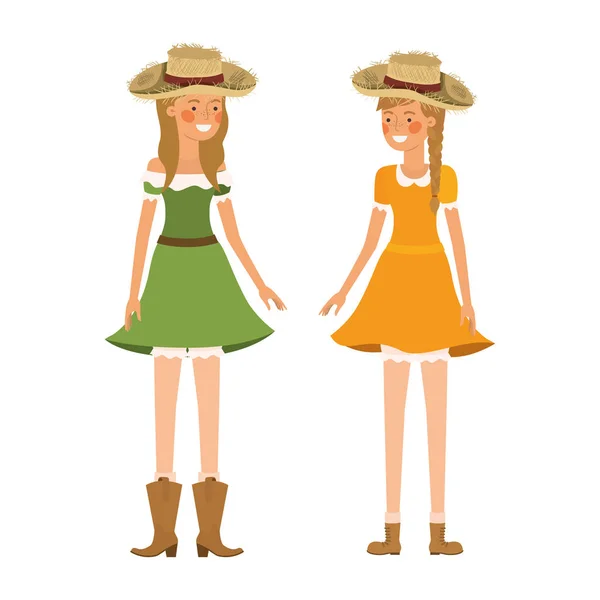 Αγρότες γυναίκες που μιλούν με ψάθινο καπέλο — Διανυσματικό Αρχείο