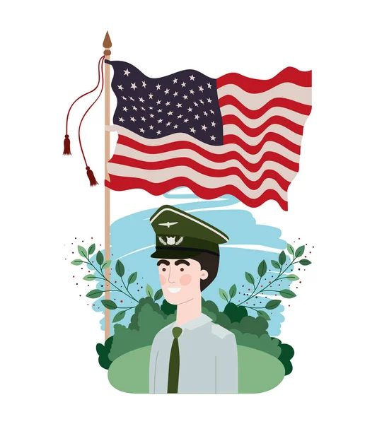 Homem soldado de guerra com paisagem e bandeira dos estados unidos — Vetor de Stock