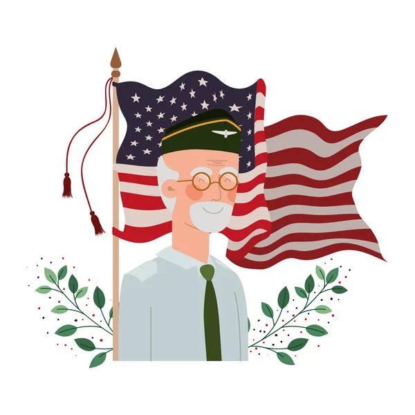 Ветеран войны старик с флагом США — стоковый вектор