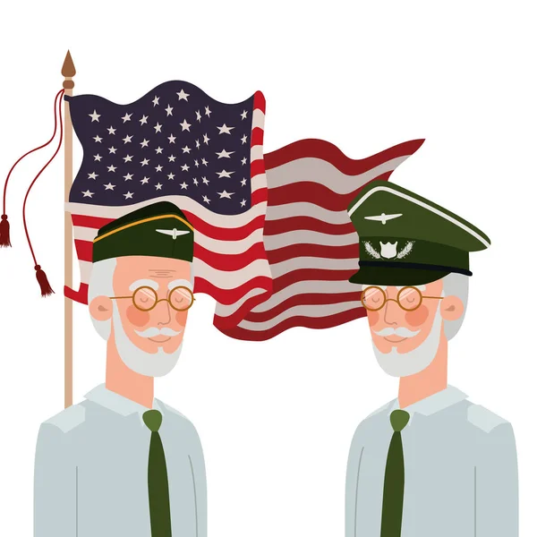 Солдаты войны с флагом США на фоне — стоковый вектор