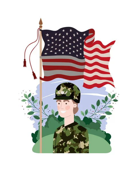 manzara ve Amerika Birleşik Devletleri bayrağı ile savaş adam asker