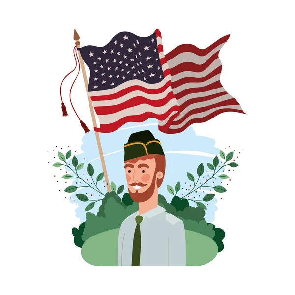 풍경과 미국 국기와 전쟁의 남자 군인 — 스톡 벡터
