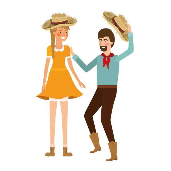 Granjeros pareja bailando con sombrero de paja — Vector de stock