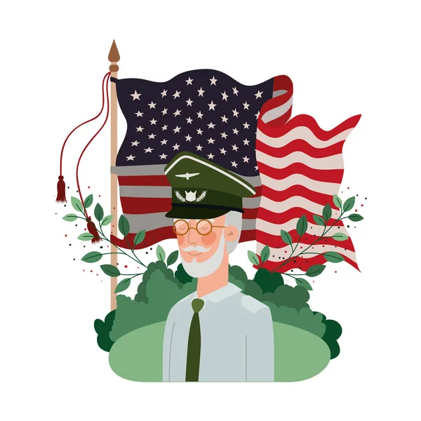 Veterano guerra velho homem com paisagem e bandeira dos estados unidos — Vetor de Stock