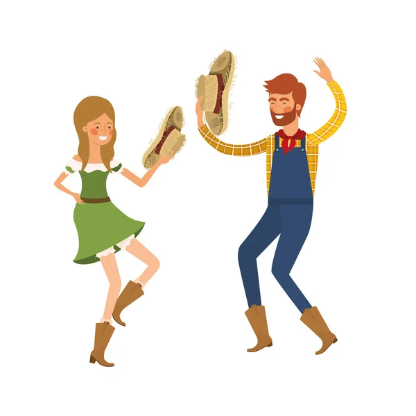 Granjeros pareja bailando con sombrero de paja — Vector de stock