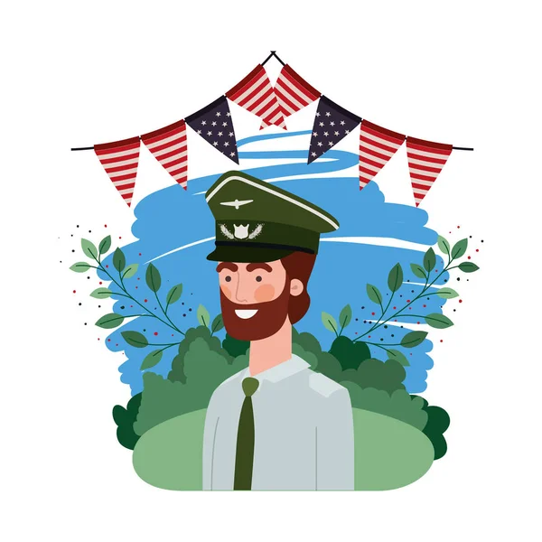 풍경과 미국 국기와 전쟁의 남자 군인 — 스톡 벡터