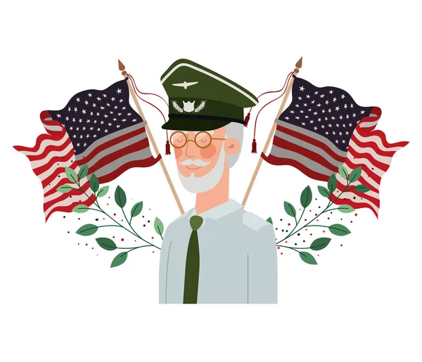 Vieillard de guerre vétéran avec drapeau des États-Unis arrière-plan — Image vectorielle
