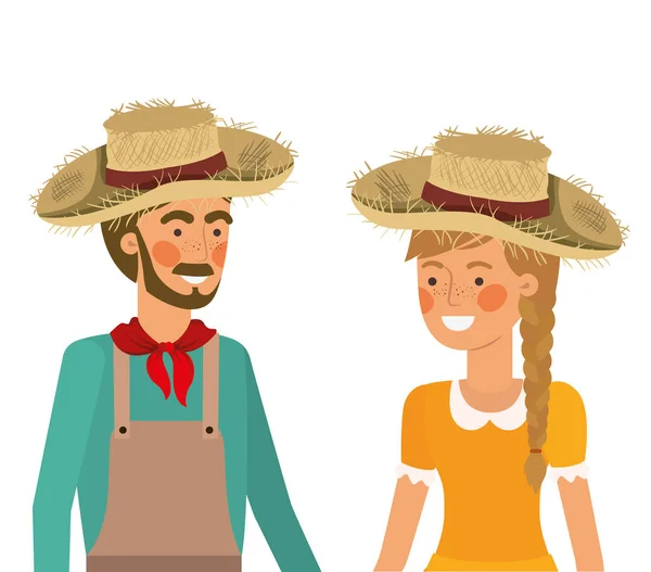 Granjeros pareja hablando con sombrero de paja — Vector de stock