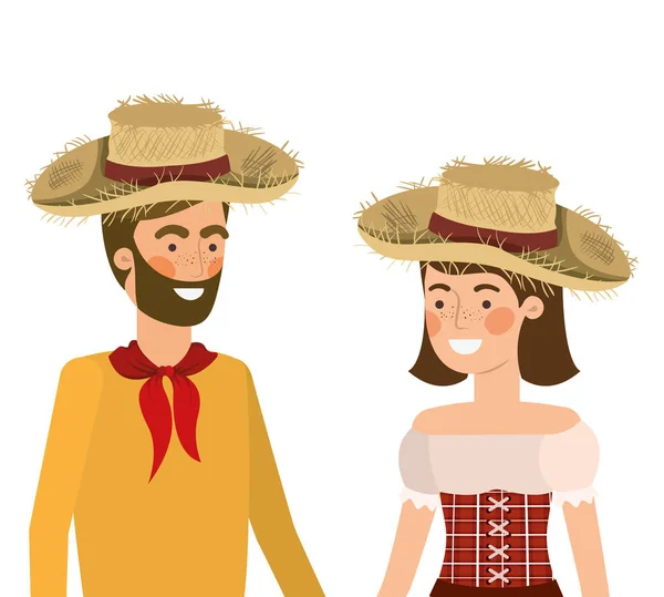 Granjeros pareja hablando con sombrero de paja — Vector de stock