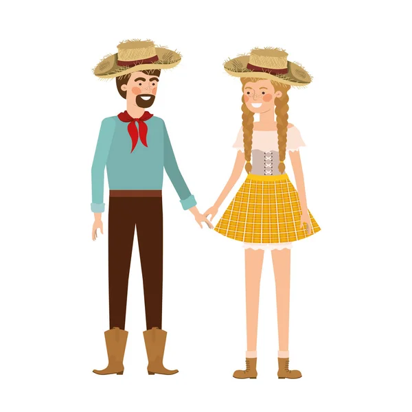 Granjeros pareja hablando con sombrero de paja — Vector de stock