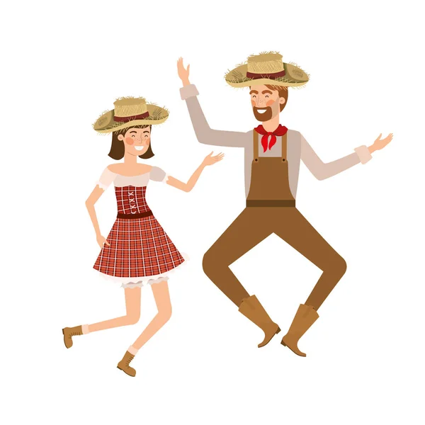 Granjeros pareja bailando con sombrero de paja — Vector de stock