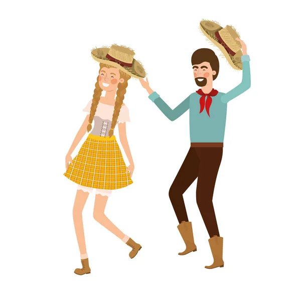 Granjeros pareja bailando con sombrero de paja — Vector de stock